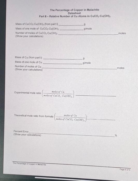 The Percentage Of Copper In Malachite Datasheet Part Chegg