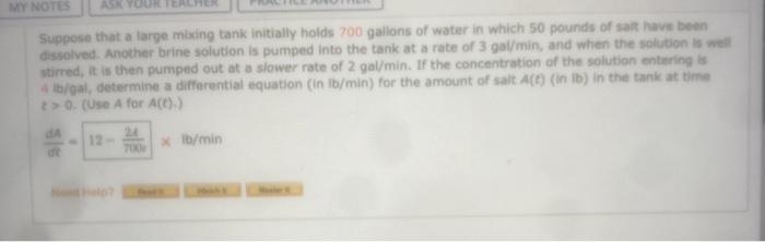 Solved My Notes Suppose That A Large Mixing Tank Initially Chegg