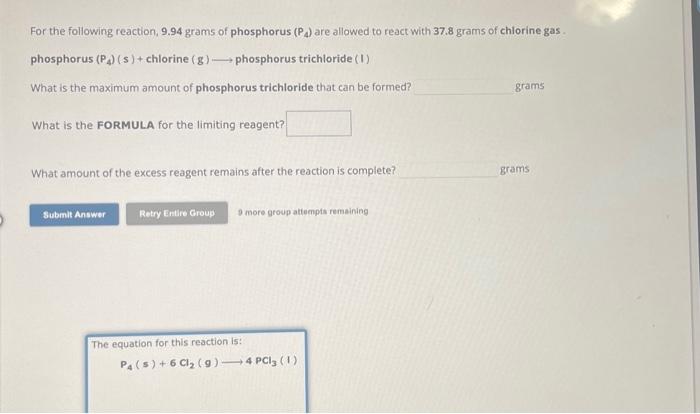 Solved For The Following Reaction Grams Of Phosphorus Chegg