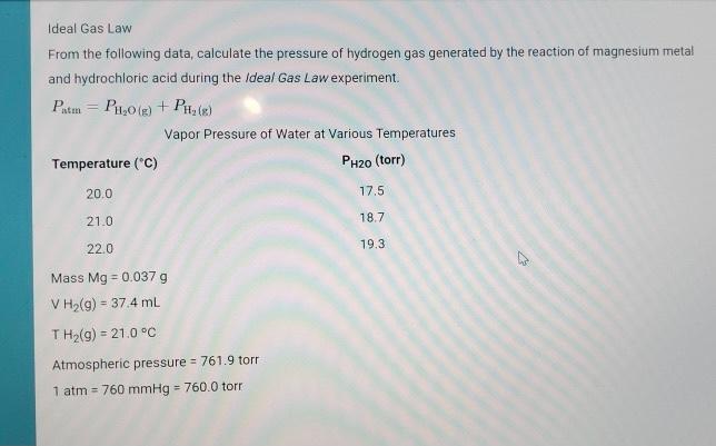 Solved Ideal Gas Law From The Following Data Calculate The Chegg