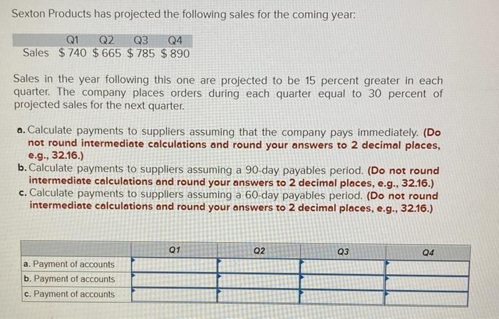 Solved Sexton Products Has Projected The Following Sales For Chegg