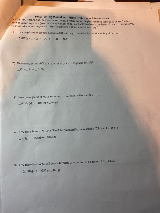 Solved Stoichiometry Worksheet Mixed Problems And Percent Chegg