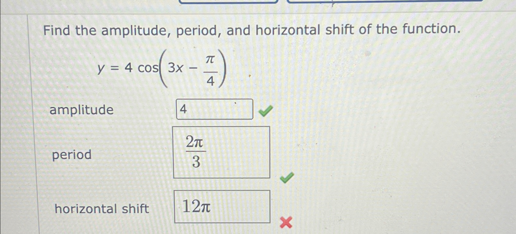 Solved Find The Amplitude Period And Horizontal Shift Of Chegg