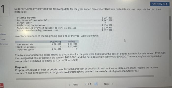 Solved Superior Company Provided The Following Data For