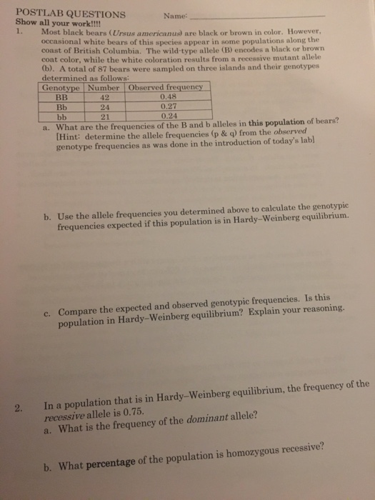 Solved POSTLAB QUESTIONS Name Show All Your Work 1 Chegg