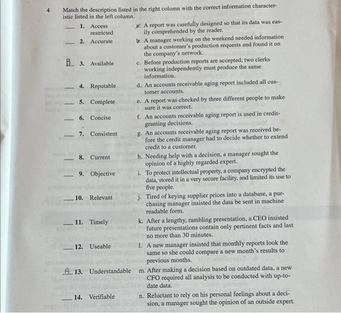 Solved Match The Description Listed In The Right Column With Chegg