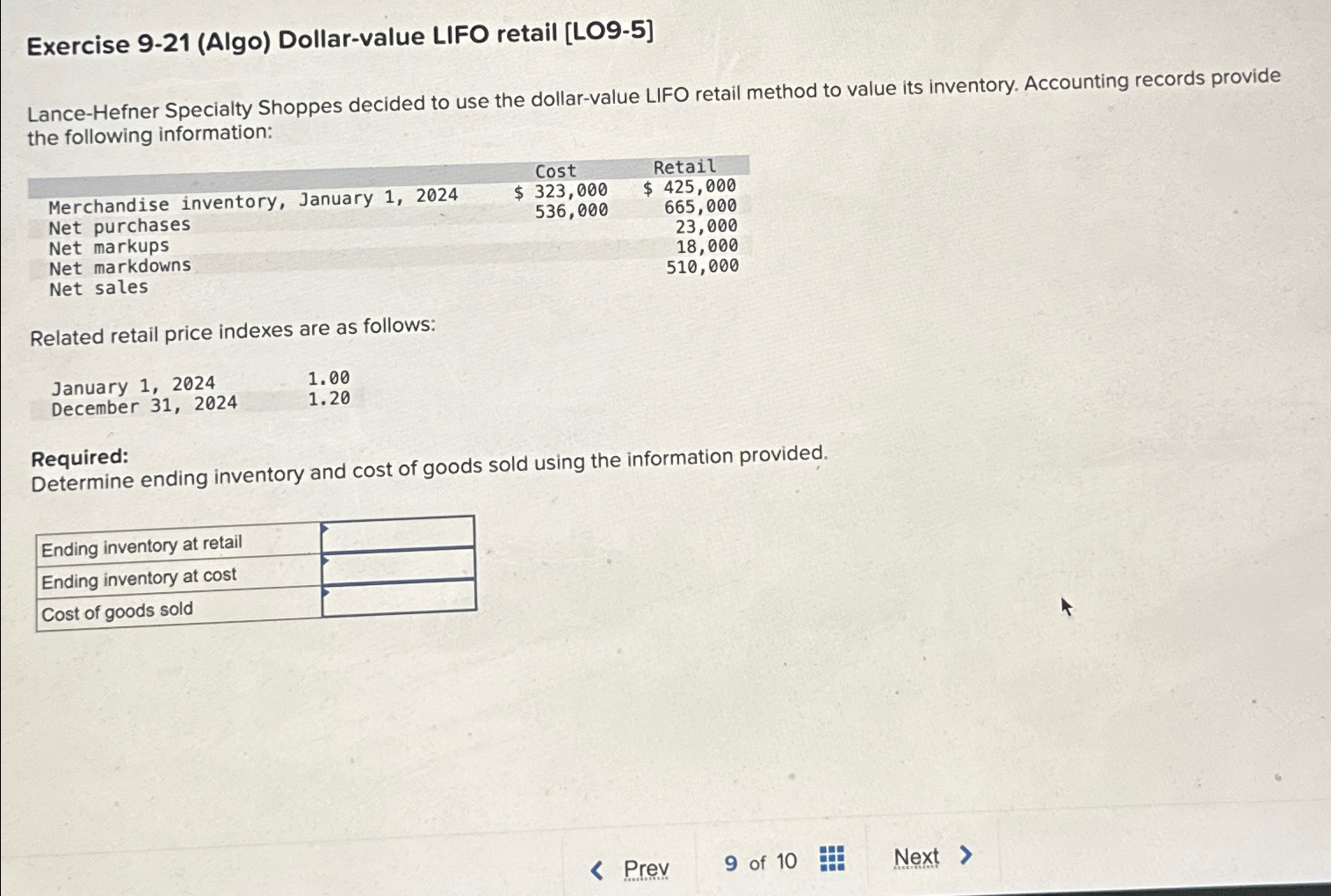 Exercise 9 21 Algo Dollar Value LIFO Retail Chegg