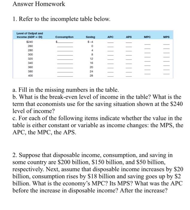 Solved 1 Refer To The Incomplete Table Below A Fill In Chegg