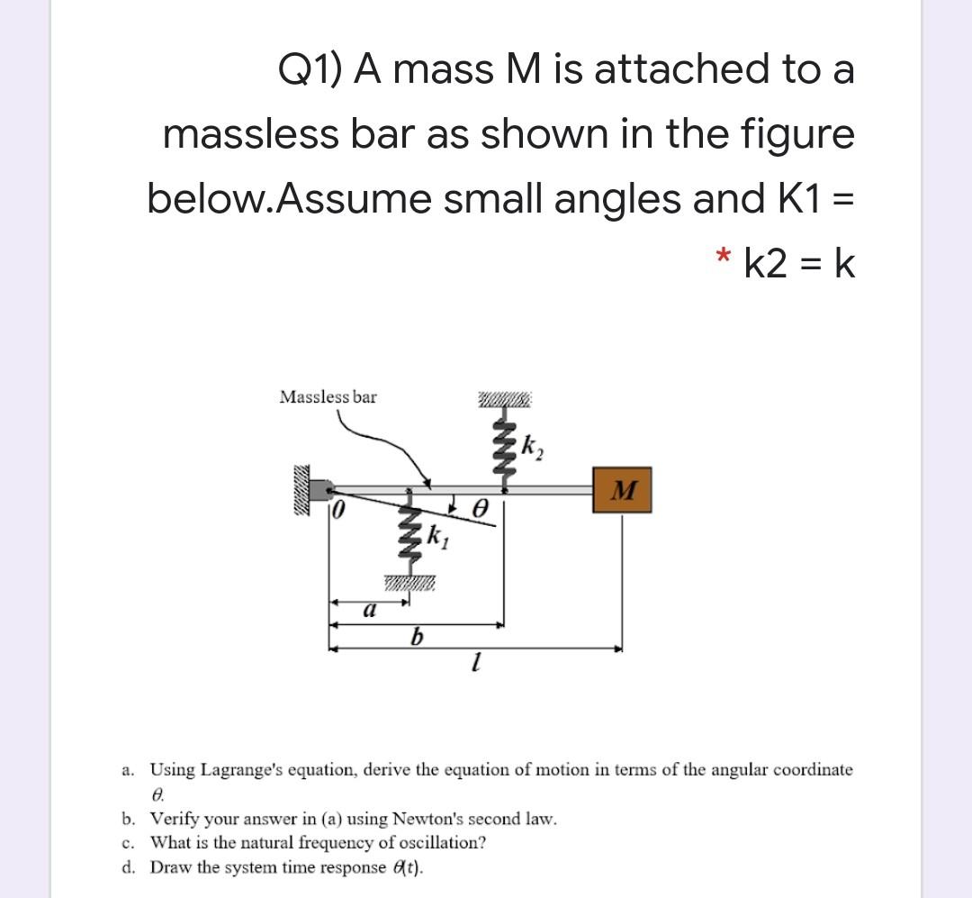 Solved Q A Mass M Is Attached To A Massless Bar As Shown Chegg