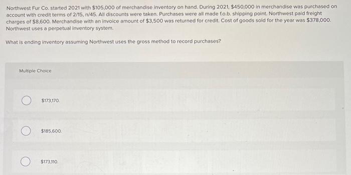 Solved Northwest Fur Co Started 2021 With 105 000 Of Chegg