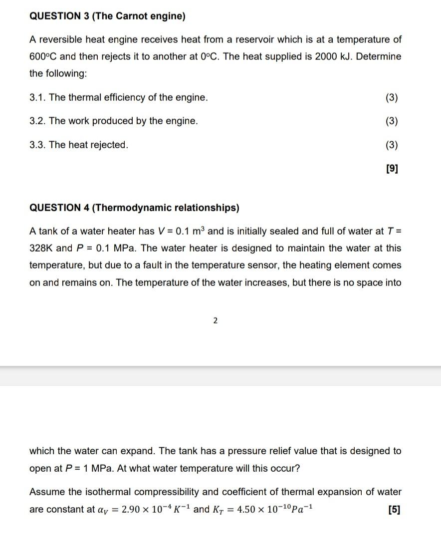 Solved QUESTION 3 The Carnot Engine A Reversible Heat Chegg