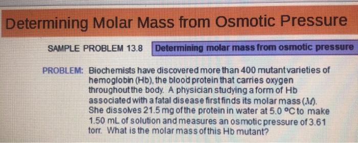 Solved Determining Molar Mass From Osmotic Pressure Sample Chegg