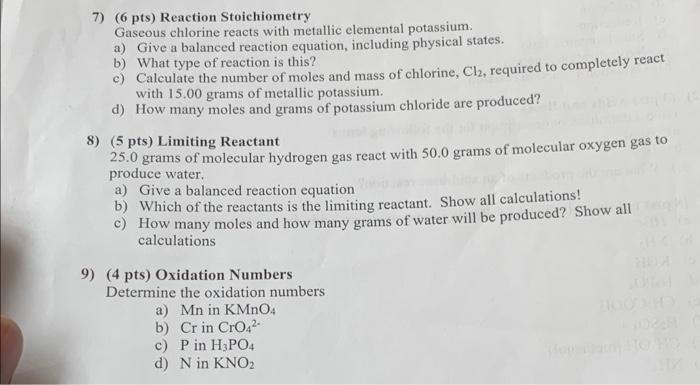 Solved Pts Reaction Stoichiometry Gaseous Chlorin