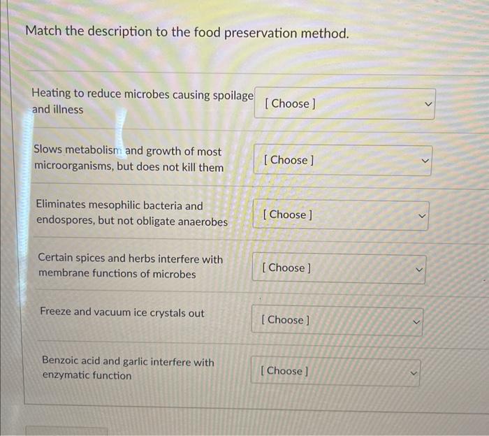 Solved Match The Description To The Food Preservation Chegg