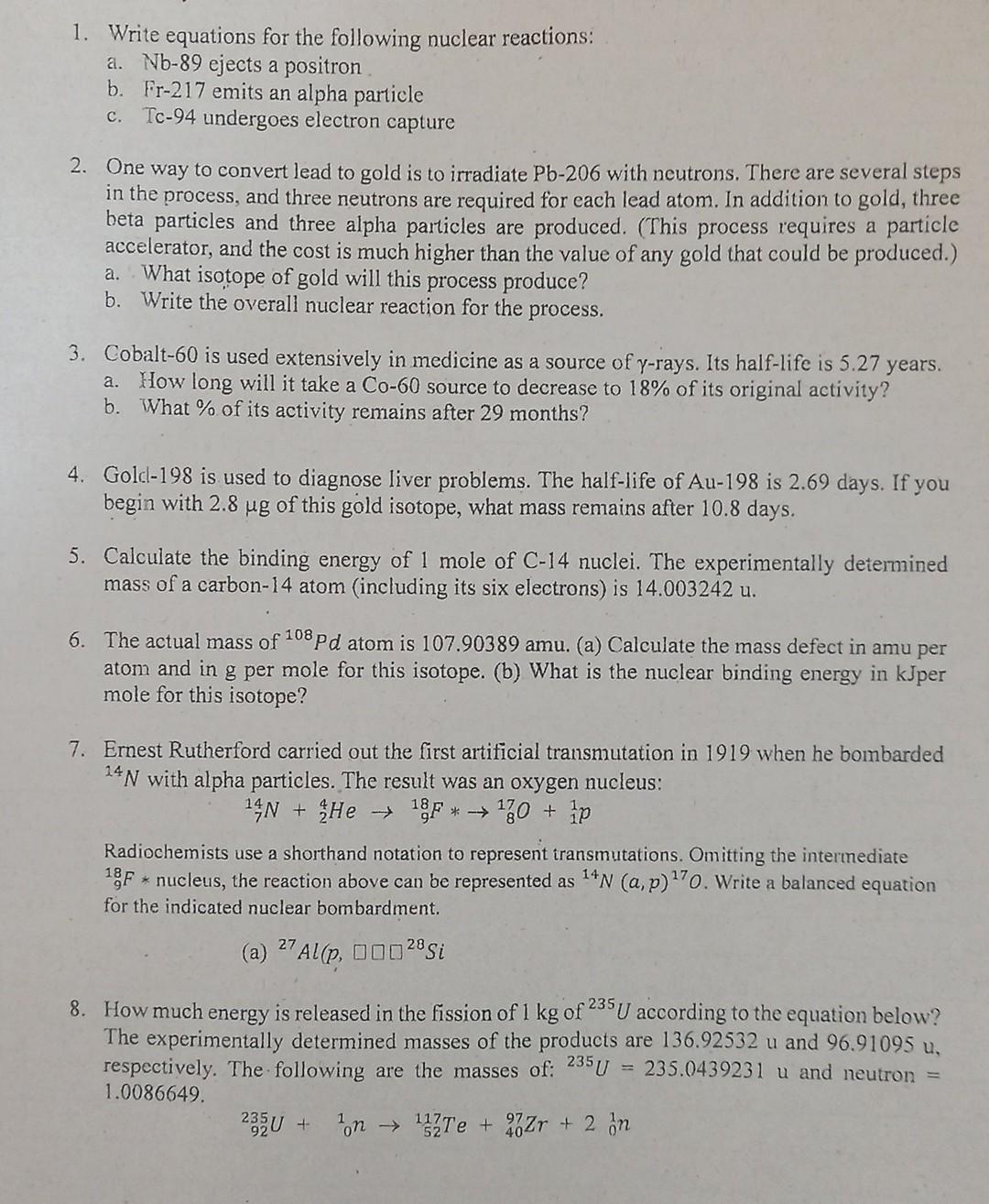 Solved 1 Write Equations For The Following Nuclear Chegg