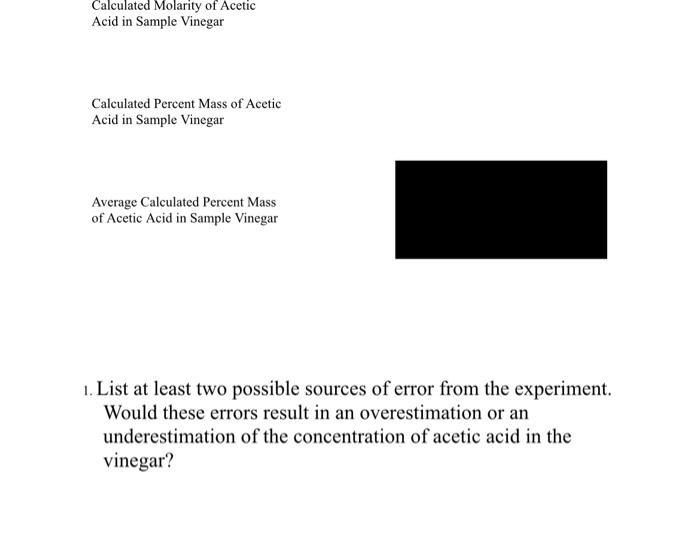 Calculated Molarity Of Acetic Acid In Sample Vinegar Chegg