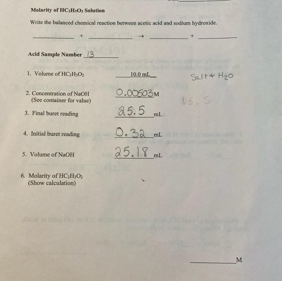 Solved Molarity Of Hc H O Solution Write The Balanced Chegg