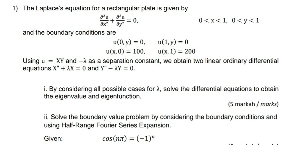 Solved The Laplace S Equation For A Rectangular Plate Chegg