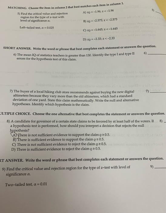 Solved MATCHING Choose The Item In Column 2 That Best Chegg