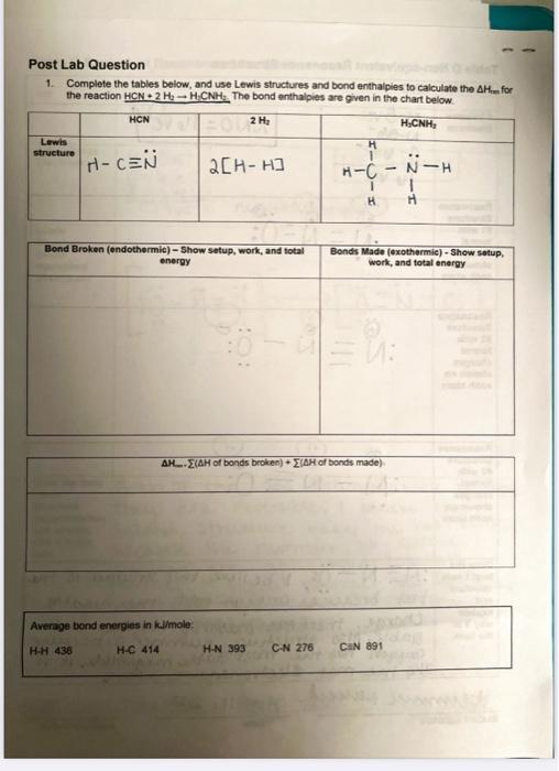 Solved Post Lab Question Complete The Tables Below And Chegg