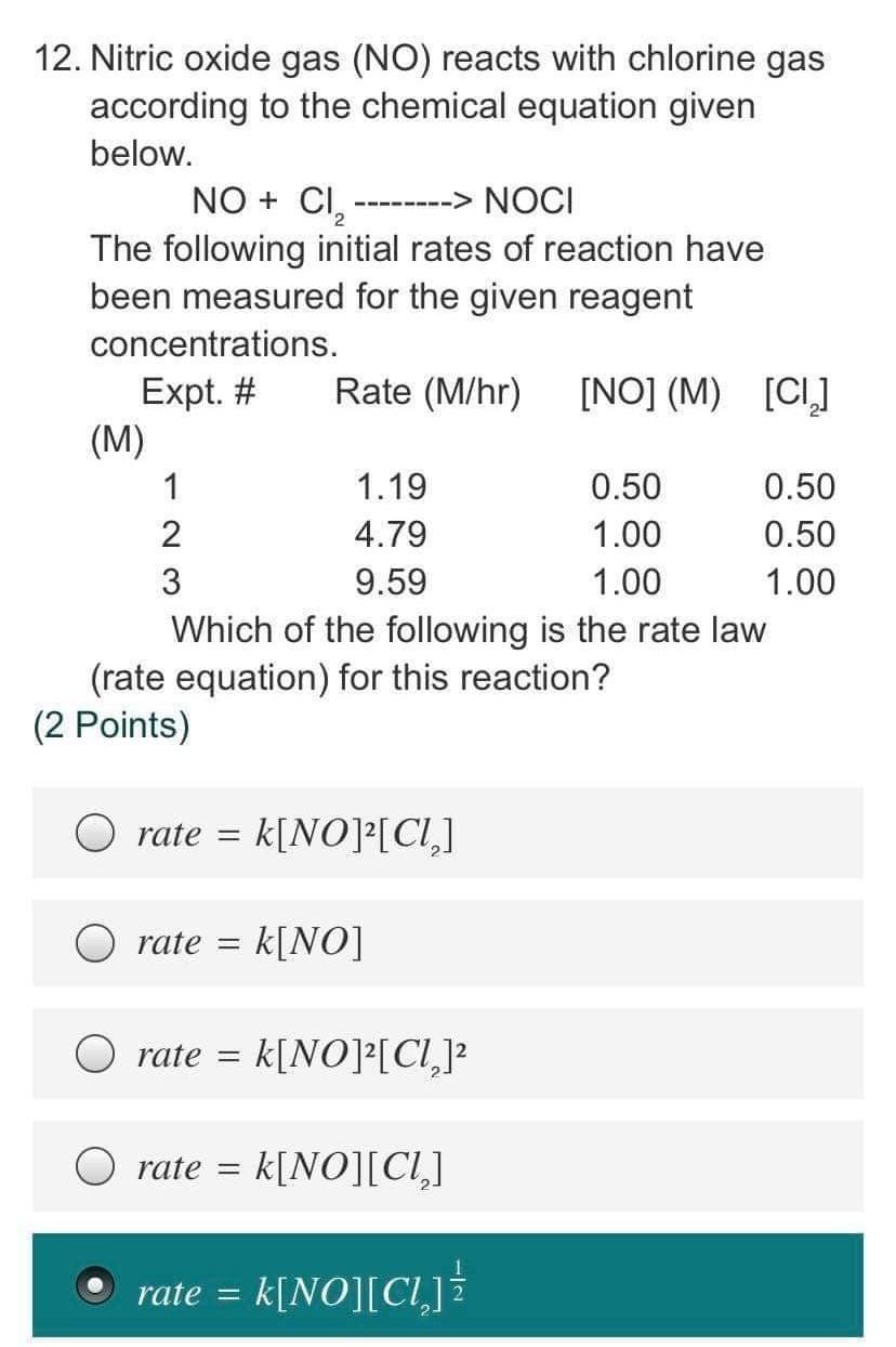 Solved 12 Nitric Oxide Gas NO Reacts With Chlorine Gas Chegg