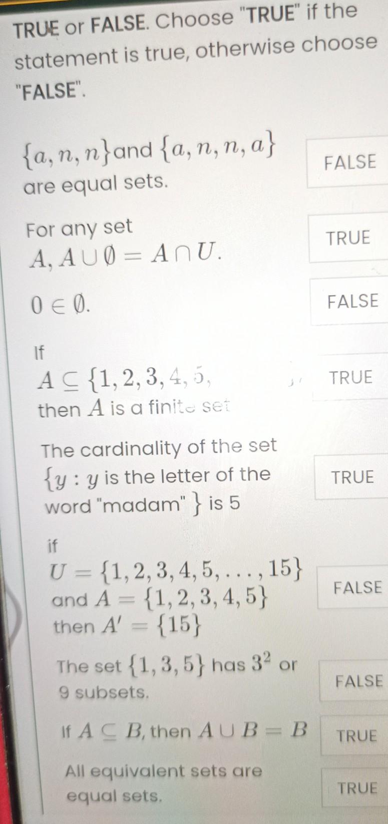 Solved TRUE Or FALSE Choose TRUE If The Statement Is Chegg