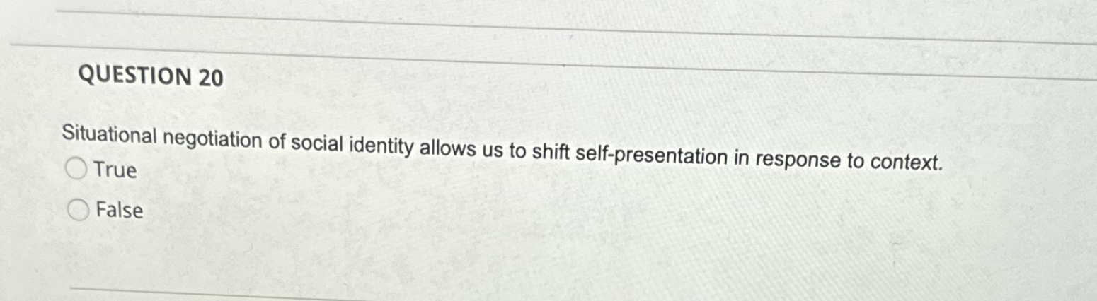 Solved QUESTION 20Situational Negotiation Of Social Identity Chegg