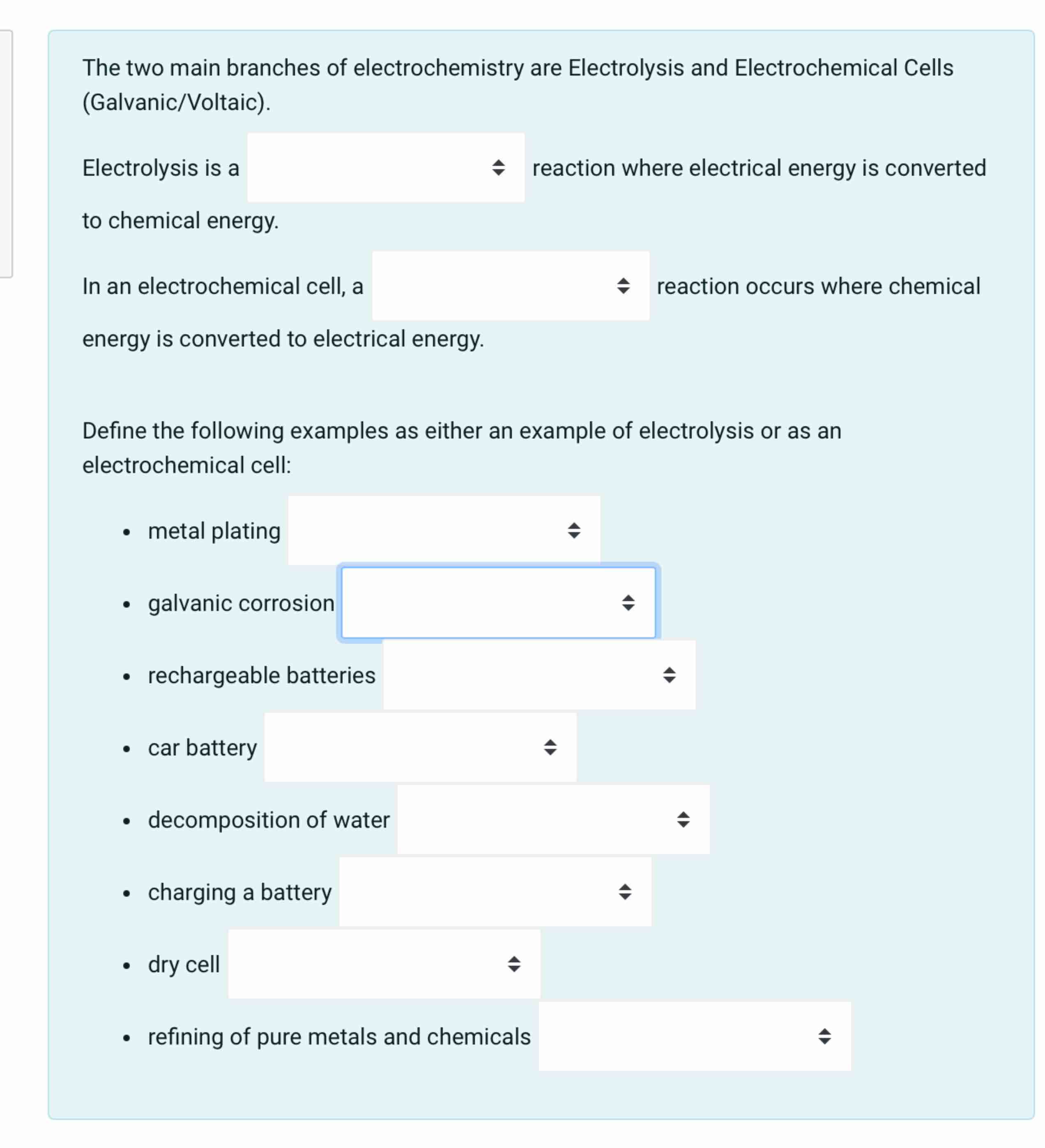 Solved The Two Main Branches Of Electrochemistry Are Ele