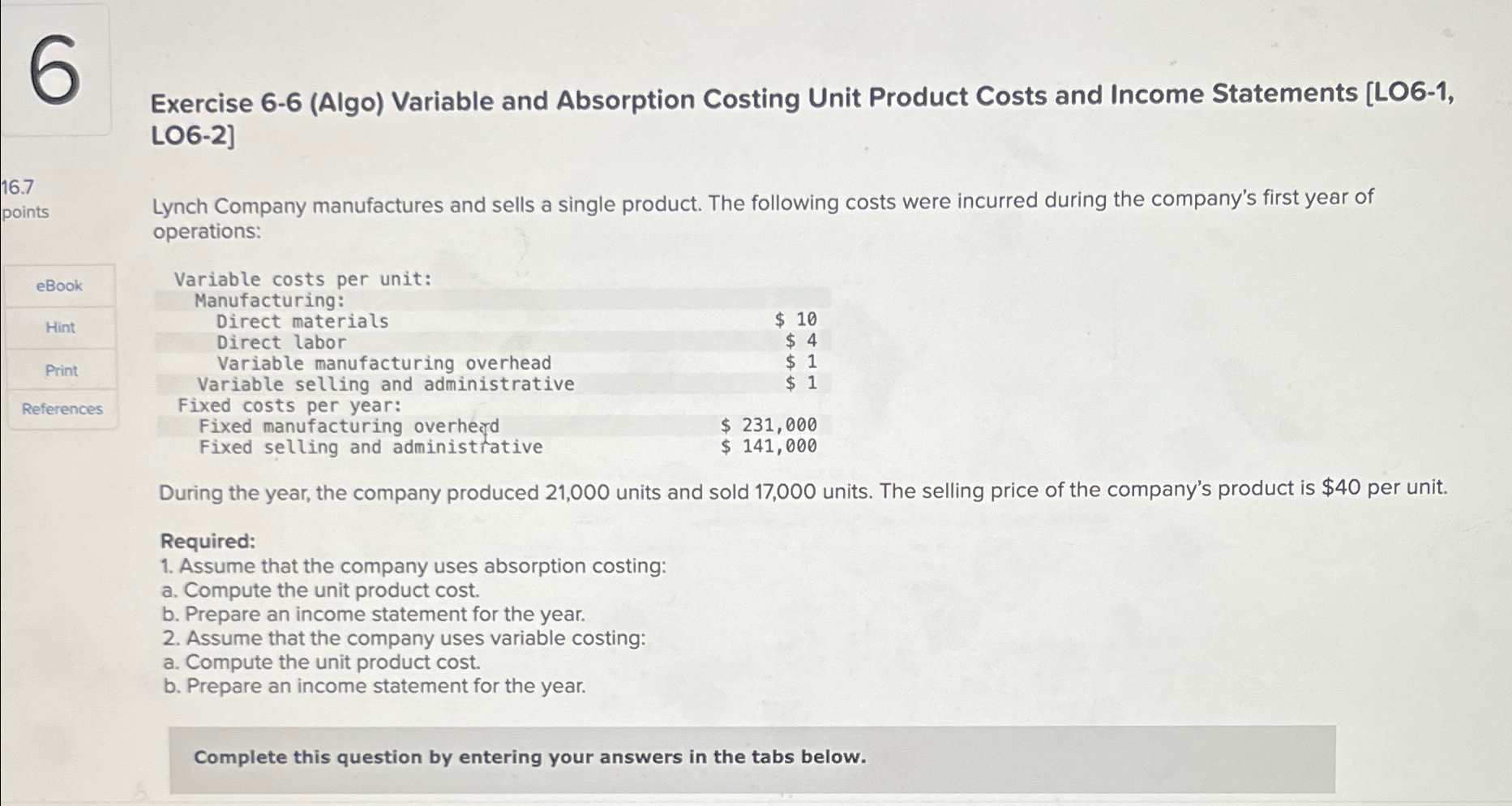 Solved Exercise Algo Variable And Absorption Costing Chegg