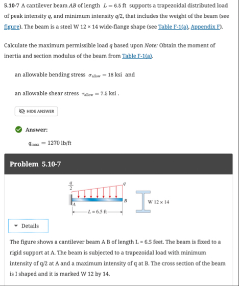 5 10 7 A Cantilever Beam AB Of Length L 6 5ft Chegg