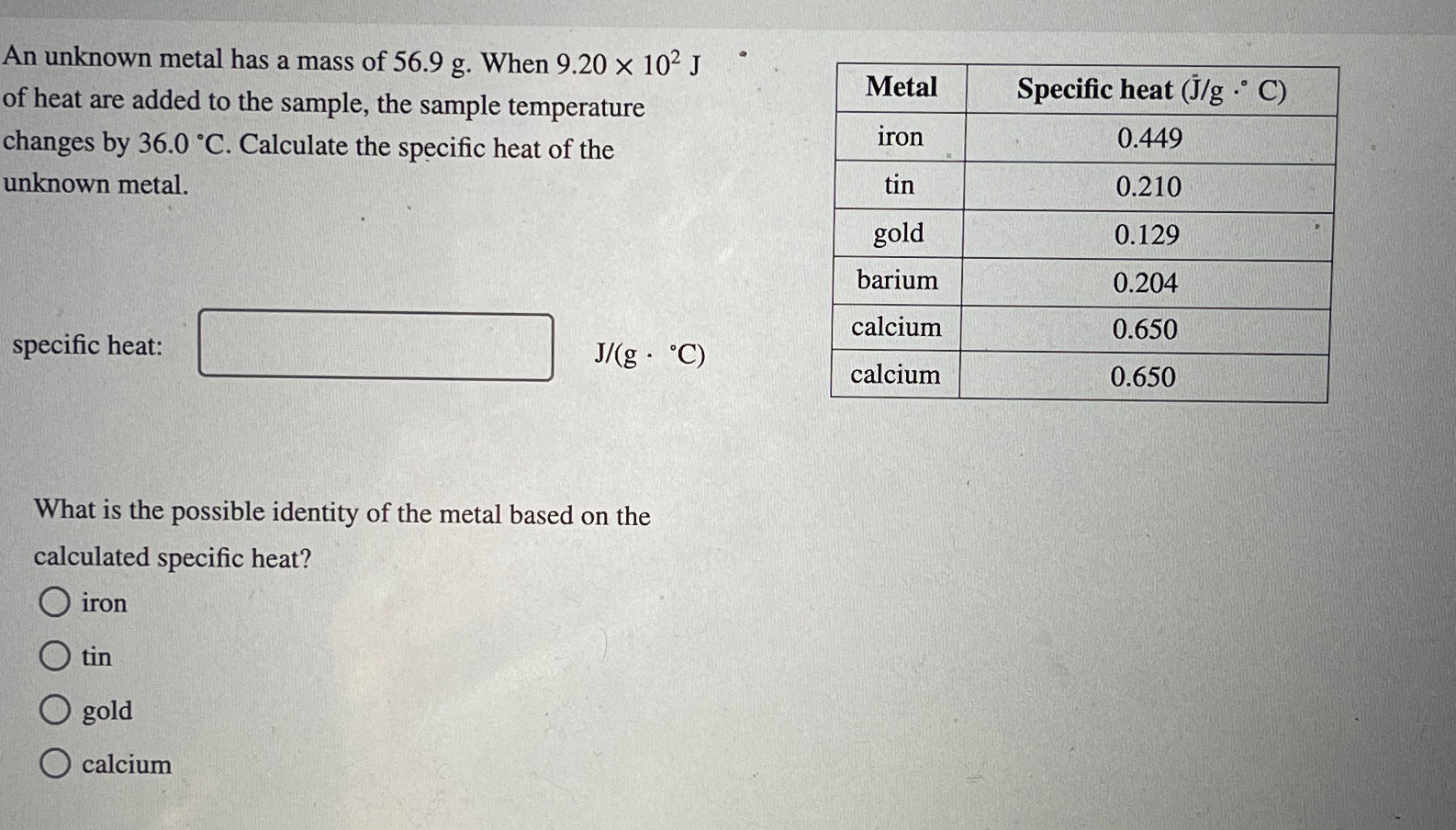 Solved An Unknown Metal Has A Mass Of G When J Chegg