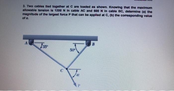 Solved 3 Two Cables Tied Together At C Are Loaded As Shown Chegg