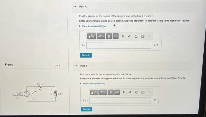 Solved Part A Find The Phasor For The Current Of The Circuit Chegg