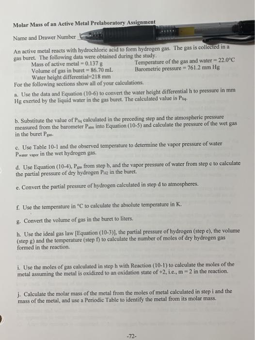 Solved Molar Mass Of An Active Metal Prelaboratory Chegg