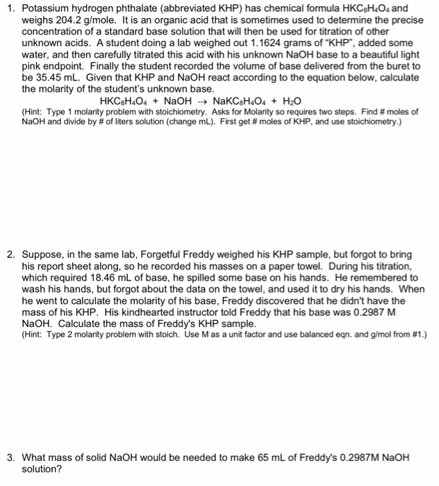 Solved Potassium Hydrogen Phthalate Abbreviated Khp Has Chegg