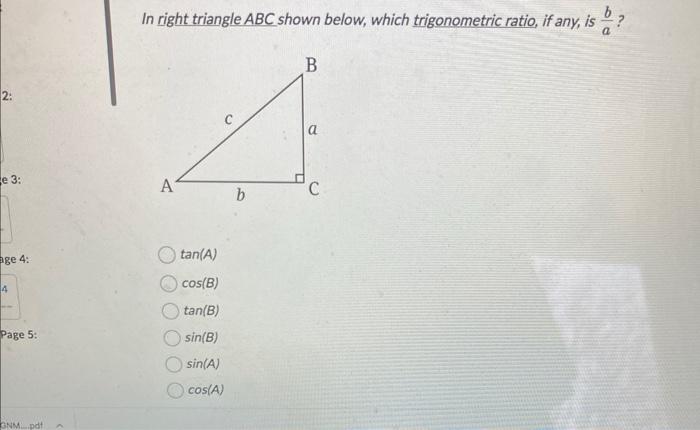 Solved In Right Triangle ABC Shown Below Which Chegg