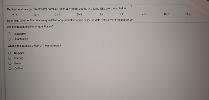 Solved The Temperatures In C Of Water Samples Taken At Chegg