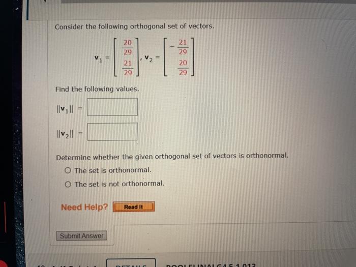 Solved Consider The Following Orthogonal Set Of Vectors Chegg