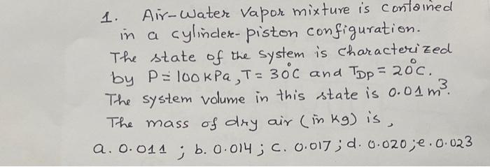 Solved 1 Air Water Vapor Mixture Is Contained In A Chegg