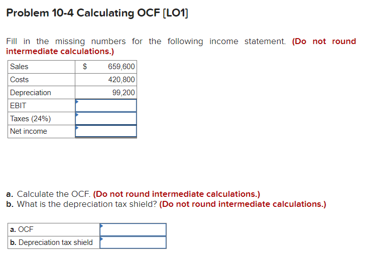 Solved Problem Calculating Ocf Lo Fill In The Chegg