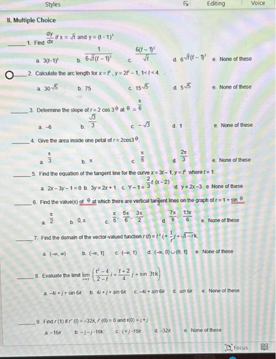 Solved II Multiple Choice Dy 1 Find Dx O Styles 1 A Chegg