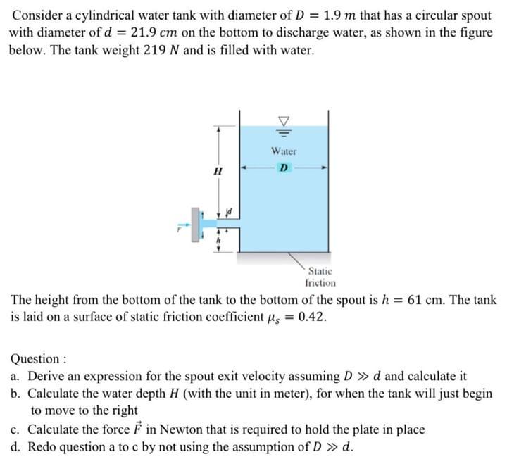 Consider A Cylindrical Water Tank With Diameter Of Chegg