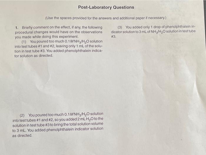 Solved Post Laboratory Questions Use The Spaces Provided Chegg