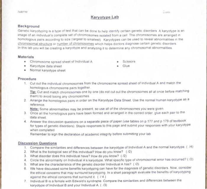 Solved Background Genehic Karyotyping Is A Type Of Test That Chegg