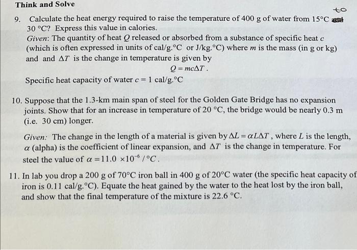 Solved To Think And Solve 9 Calculate The Heat Energy Chegg