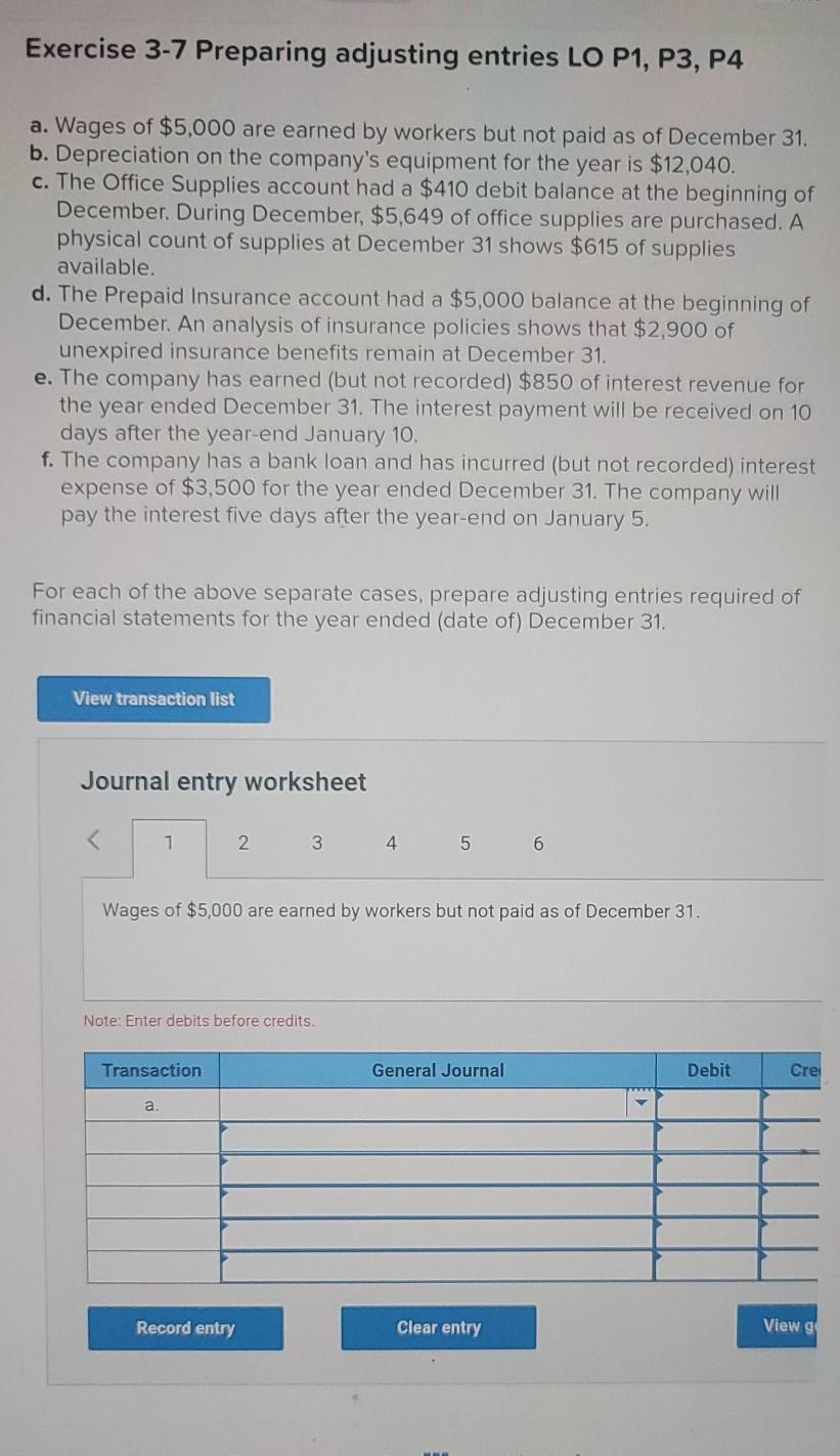 Solved Exercise 3 7 Preparing Adjusting Entries LO P1 P3 Chegg