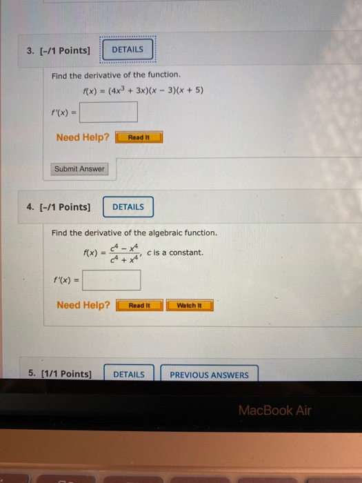 Solved Points Details Find The Derivative Of The Chegg