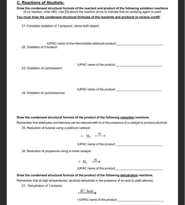 Solved C Reactions Of Alcohols Draw The Condensed Chegg