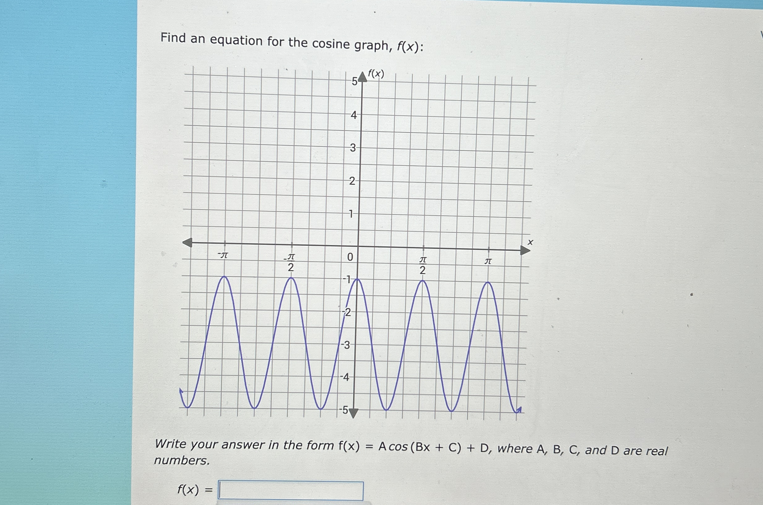 Solved Find An Equation For The Cosine Graph F X Write Chegg