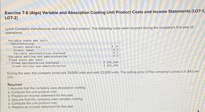 Solved Exercise Algo Variable And Absorption Costing Chegg